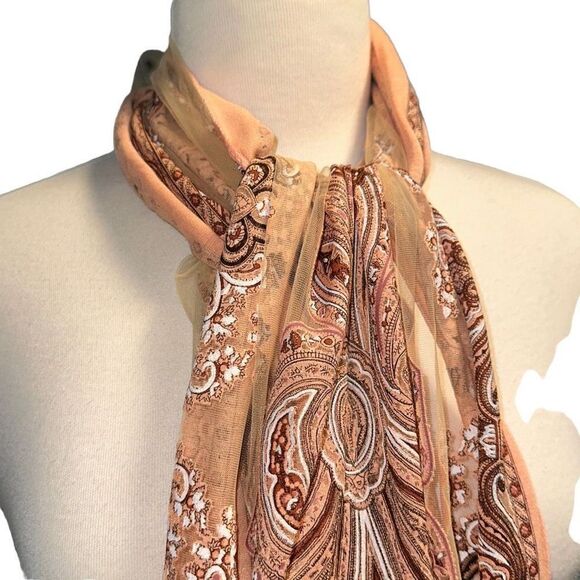 Delicate pink and peach shawl, scarf, wrap see through mesh & tassels 60 in long - Picture 7 of 10
